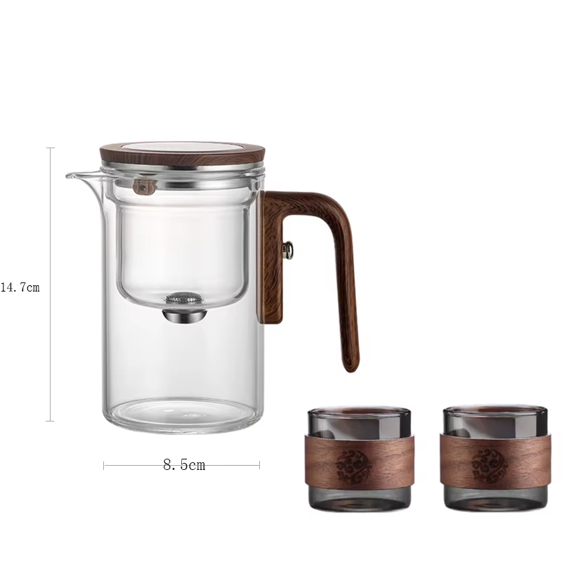 Magnetic One-Click Glass Teapot with Tea Infuser & Wood Handle
