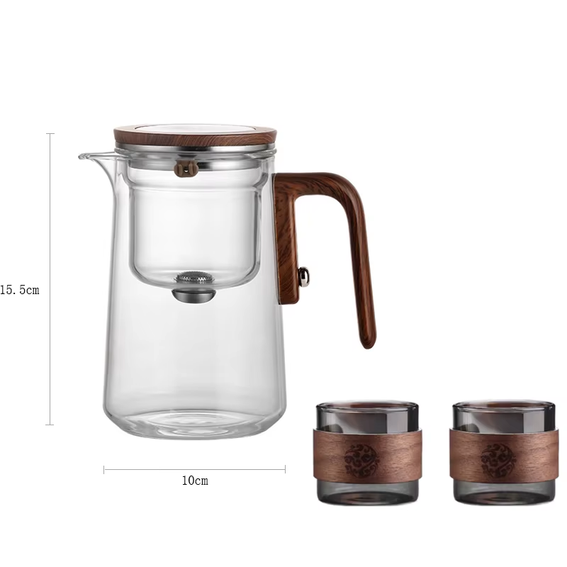 Magnetic One-Click Glass Teapot with Tea Infuser & Wood Handle