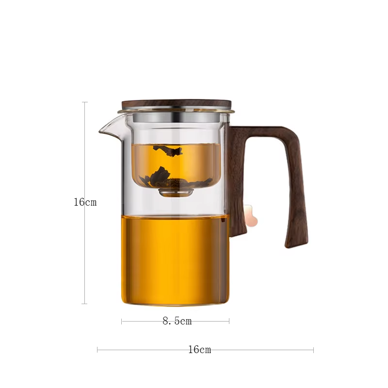 Magnetic One-Click Glass Teapot with Tea Infuser & Wood Handle