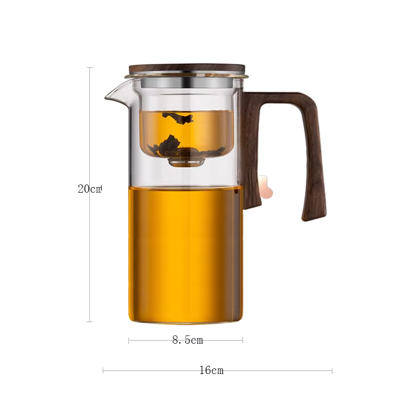 Magnetic One-Click Glass Teapot with Tea Infuser & Wood Handle